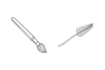 Vector illustration depicting a simple paintbrush and a stylized feather in a clean white background