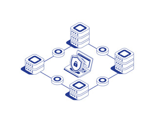 Secure data center concept with 4 server racks connected by data flows, laptop and security shield symbolizing cyber protection in isometric line contour vector illustration.