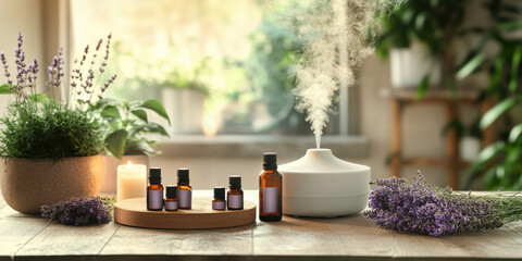 Aromatherapy setup featuring essential oils and diffuser in a serene indoor space surrounded by lavender and greenery