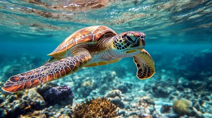 Fototapeta premium A green sea turtle gently swims near a Galapagos beach, over a colorful coral reef in shallow water. 