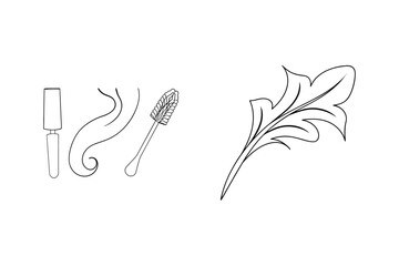 Elegant black and white illustration of makeup tools and a decorative leaf