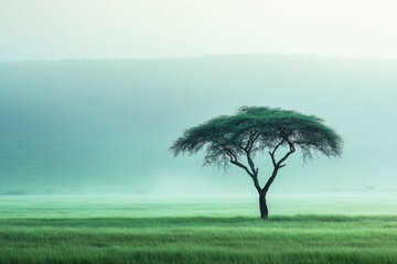 Single acacia tree standing alone in a vast open grassy field surrounded by soft morning fog and muted light, creating a peaceful minimalistic nature landscape composition