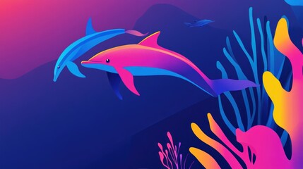 Fototapeta premium Vibrant Dolphins in a Coral Reef