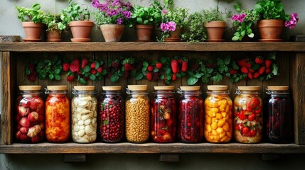 Preserved Fruits and Vegetables in Glass Jars on Rustic Wooden Shelf