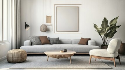 Fototapeta premium A modern living room, Scandinavian style, shows a mockup poster frame. It's a 3D rendering. 