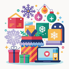 Naklejka premium Online Christmas Gift Shopping Festive Illustration