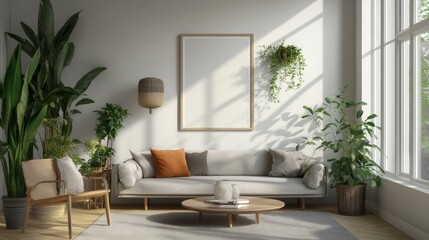 Fototapeta premium A modern living room, Scandinavian style, shows a mock-up poster frame. It's a 3D image. 