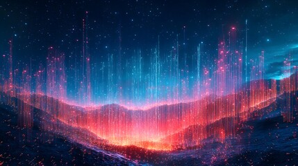 Abstract landscape with glowing lines and stars in a dark blue and red color scheme digital art