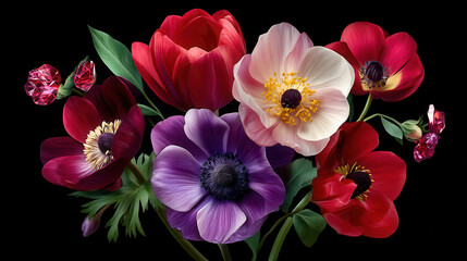 Fototapeta premium A vibrant arrangement of red, purple, and white anemone flowers blooms beautifully against a stark black background, creating a stunning floral still life.