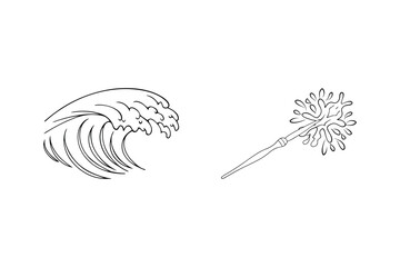 Minimalist illustration featuring wave and artistic wand isolated against a clean white background