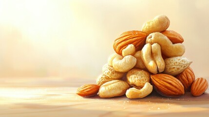 Delicious Mix of Almonds, Cashews, and Peanuts on Wooden Surface