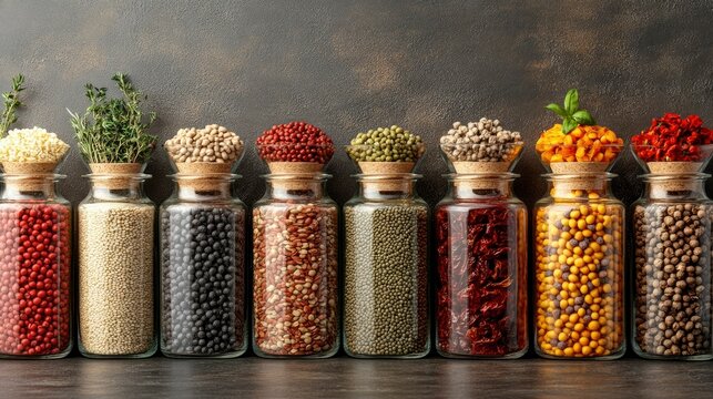 Colorful Assortment of Spices and Grains in Glass Jars - Powered by Adobe