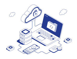 Secure cloud authentication system with laptop login, mobile verification and locked cloud service connected by data flows in isometric line contour vector illustration.