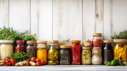 Rustic Farmhouse Kitchen Pantry with Preserved Foods and Herbs