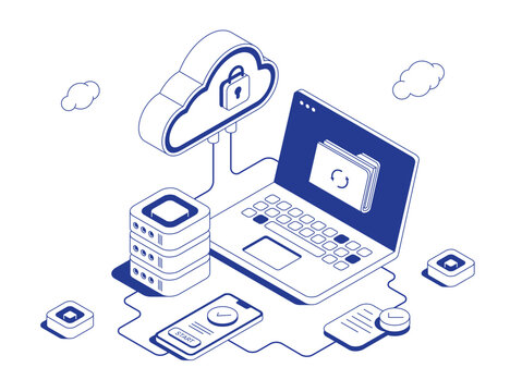 Secure cloud authentication system with laptop login, mobile verification and locked cloud service connected by data flows in isometric line contour vector illustration.