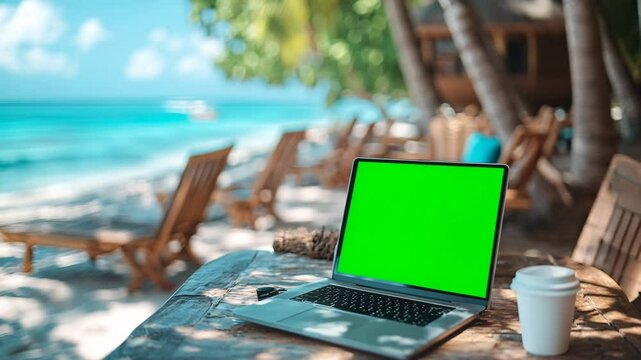 Green Screen Laptop Mockup, Freelancers Dream Workspace with ocean view