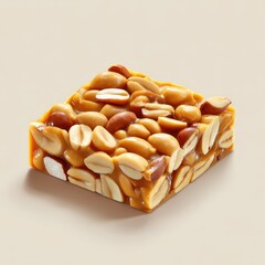 Close up view of a square shaped peanut brittle candy piece on a plain background