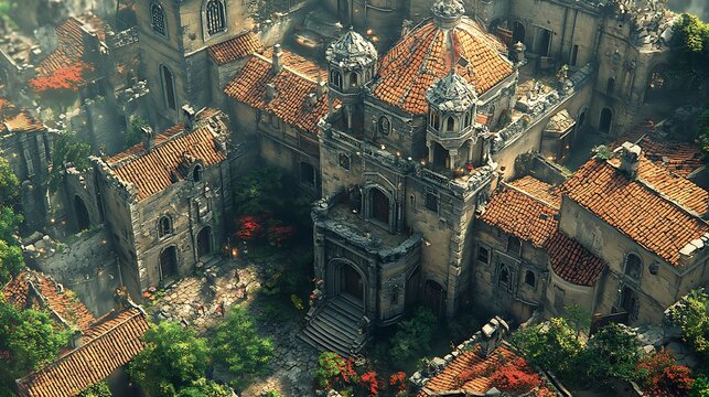 High resolution photo of an aerial view capturing a detailed medieval european city scene