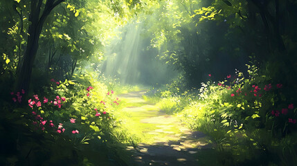 Fototapeta premium Sunlight streams through a tranquil forest path lined with wildflowers.