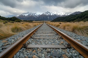 Fototapeta premium Railroad tracks leading into the distance toward majestic snow-covered mountains under a dramatic cloudy sky in a scenic landscape of wild grass and rugged natural beauty