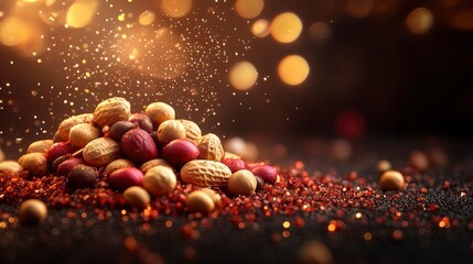 Fototapeta premium Golden and Red Peanuts in Festive Sparkle