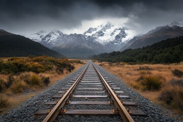Fototapeta premium Railroad tracks leading into the distance toward majestic snow-covered mountains under a dramatic cloudy sky in a scenic landscape of wild grass and rugged natural beauty