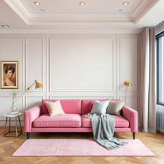 Fototapeta premium Modern Bedroom Interior Features Stylish Pink Sofa in Soft Tones