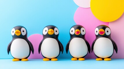 Naklejka premium Adorable Cartoon Penguins in a Colorful Scene