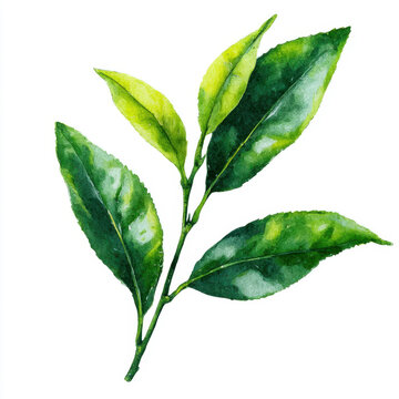 watercolor green tea leaves on white clip art preview