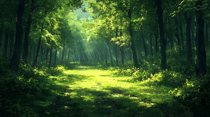 Obraz premium Sunlit path through a lush green forest.