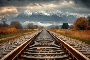 Fototapeta premium Railroad tracks leading into the distance toward majestic snow-covered mountains under a dramatic cloudy sky in a scenic landscape of wild grass and rugged natural beauty