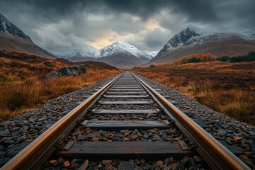 Fototapeta premium Railroad tracks leading into the distance toward majestic snow-covered mountains under a dramatic cloudy sky in a scenic landscape of wild grass and rugged natural beauty