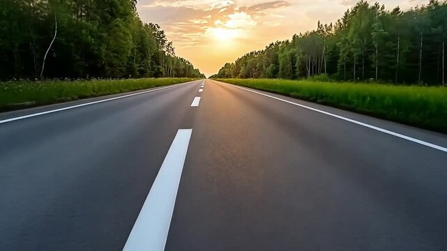 Expansive View of Open Road Stretching Through Lush Greenery Under Vibrant Sunset Sky