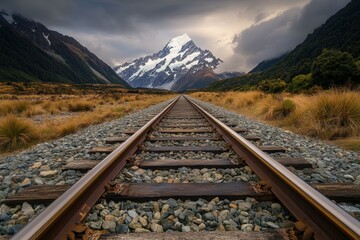 Fototapeta premium Railroad tracks leading into the distance toward majestic snow-covered mountains under a dramatic cloudy sky in a scenic landscape of wild grass and rugged natural beauty