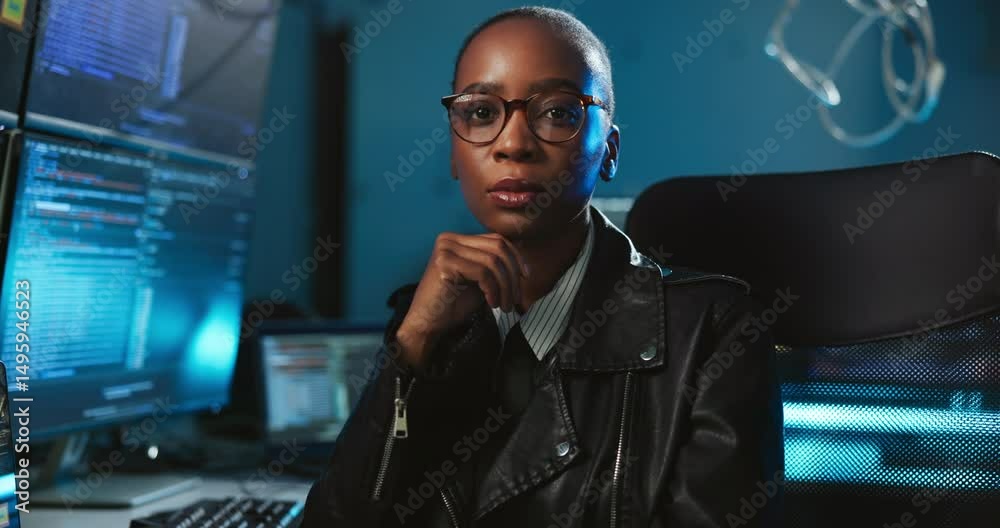 Poster african woman, computer screen and face for cybersecurity at office, night and protection with web s