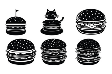 Vector illustration of black and white hamburger designs with a cute cartoon cat element
