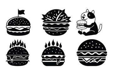 A collection of vectorized burger illustrations depicting various burger styles and a cute dog