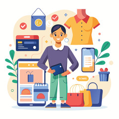 Happy Customer Online Shopping Experience with Tablet and Smartphone