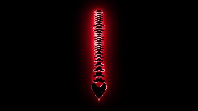 Neon glowing back spine icon on black background, futuristic digital anatomy illustration, orthopedic health symbol, medical technology concept, holographic human spine