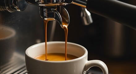 Coffee extraction from the coffee machine with a portafilter pouring coffee into a cup