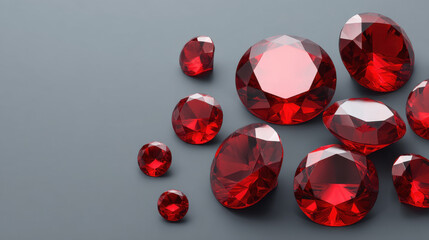 Sparkling ruby gemstones are scattered across a gray surface, reflecting light and showcasing their rich red color, creating an elegant and luxurious aesthetic.