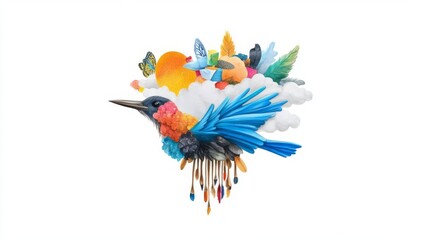 Obraz premium A vibrant bird illustration showcasing colorful feathers and creative artistic elements, representing nature's beauty.