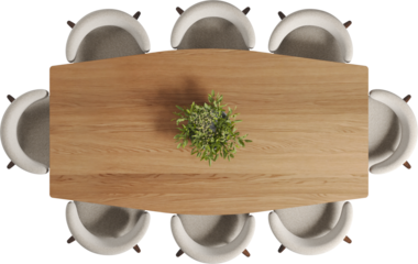 Top view of wooden dining table with chairs	