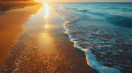 Golden beach at sunrise with serene ocean waves