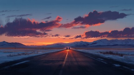 A smooth, dark road stretches out under a sky with clouds at sunset. In the distance, snowy mountains meet the horizon. A peaceful scene with a car in the background.
