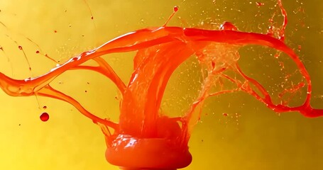 Macro shot of red liquid splashing and forming a crown shape against a yellow background. - Powered by Adobe