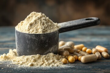 Plakat A close-up studio shot showcasing whey protein powder in a scoop with pills and capsules, lying on a rustic wooden surface, ideal for health and fitness supplement advertising.