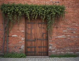 Weathered red brick wall, antique wooden door, climbing vines , texture, stone, design