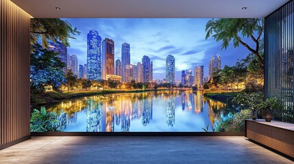 Urban cityscape reflected in tranquil waters, a digital art piece.