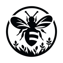 Black silhouette of bee Isolated on a white background. Graphic symbol, design template for logo. Vector illustration